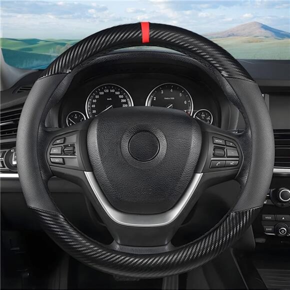 Carbon Fiber Steering Wheel Cover, Universal 15 inch Breathable Anti Slip, Black - Picture 6 of 7